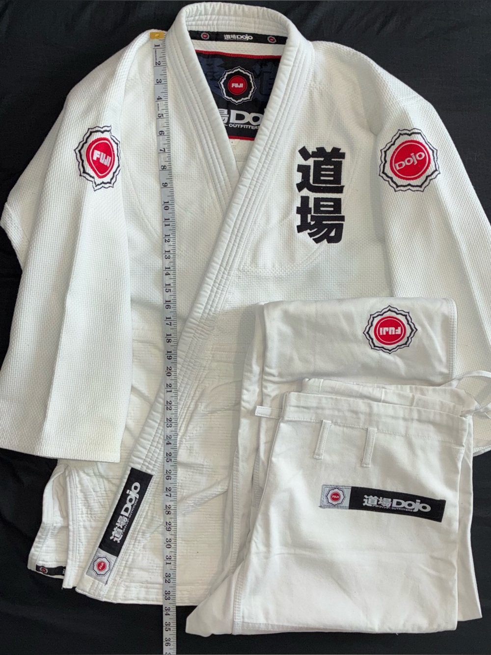 Fuji Judo Dojo White Gi with Black Kanji and Red Logo Patches